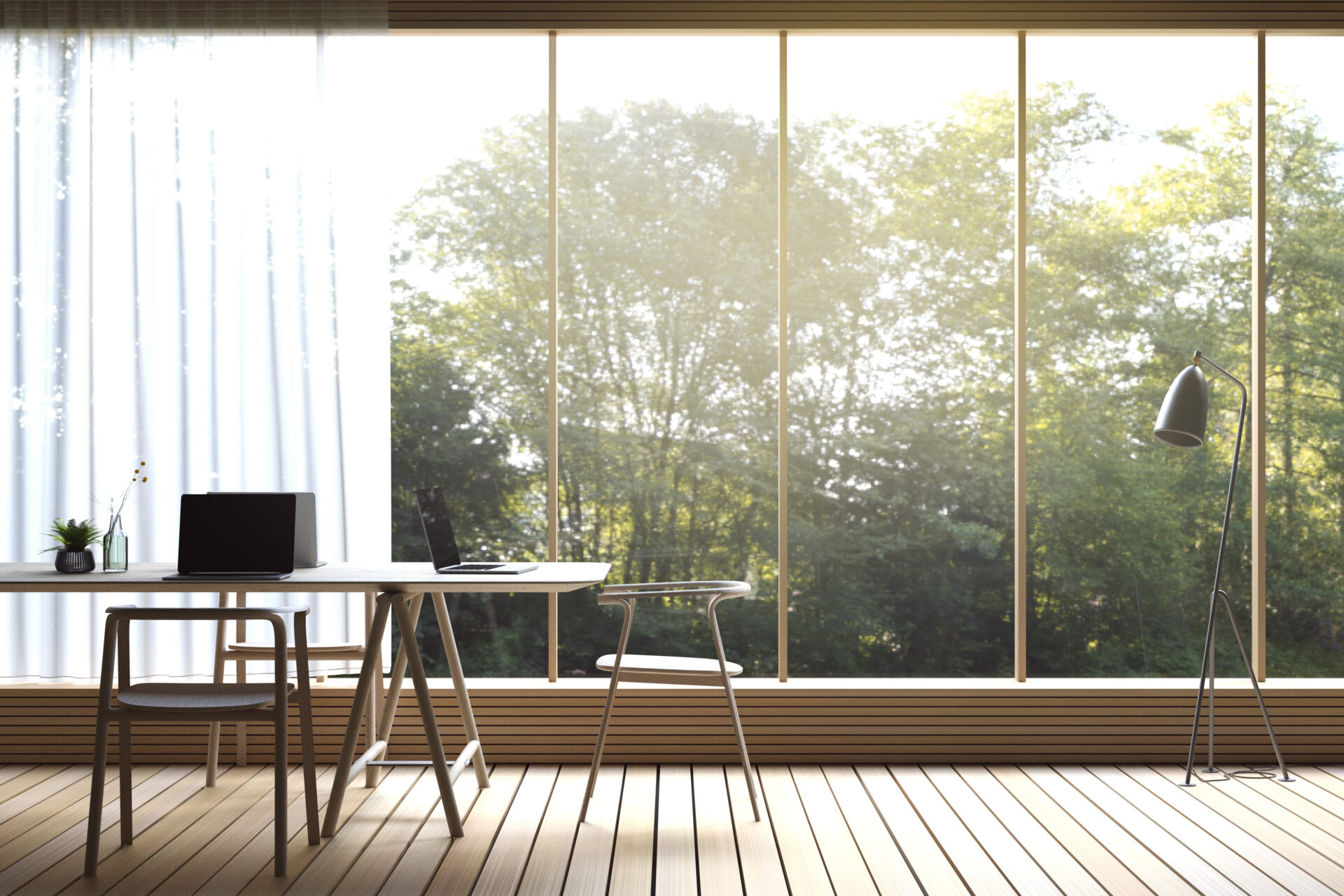 Large window treatment with a view of nature and sunlight.