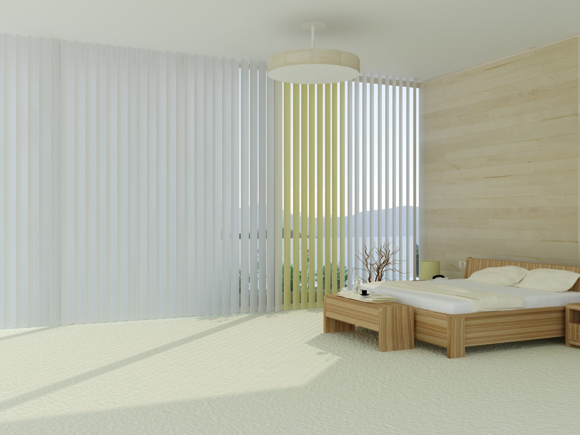 Vertical blinds in a bedroom. Custom blinds for any window. Wholesale Blind Factory.