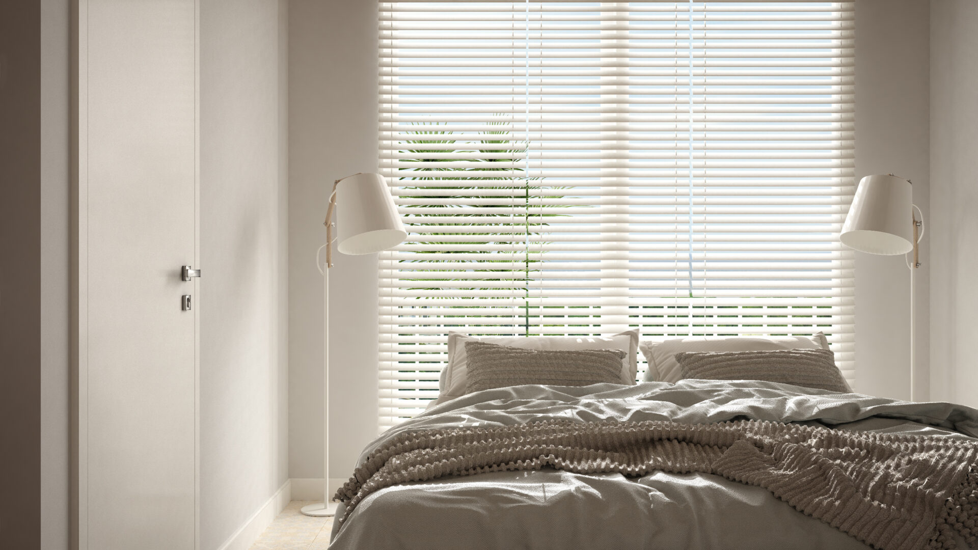 Cozy wooden peaceful bedroom in beige tones, double bed with venetian blinds. Wholesale Blind Factory.