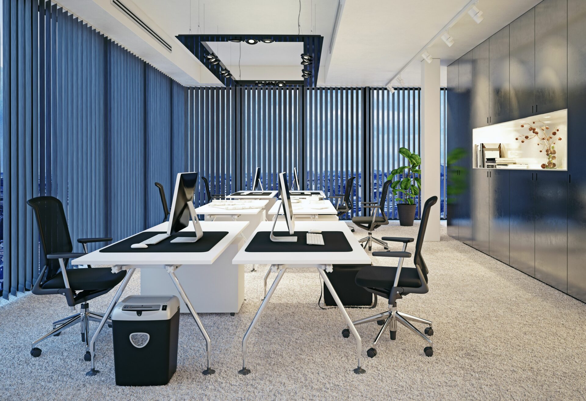 Commercial window coverings in a modern office with vertical blinds. Wholesale Blind Factory