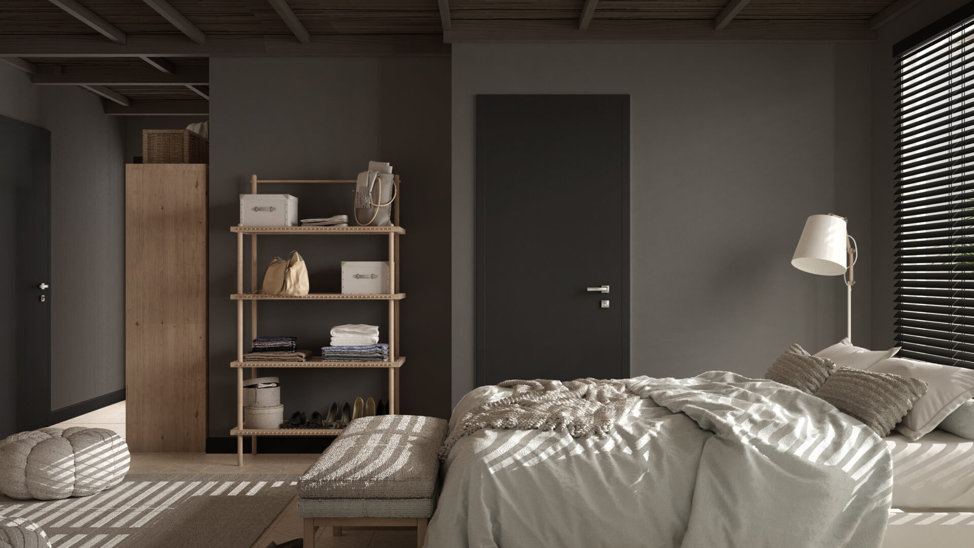 Cosy wooden peaceful bedroom in dark tones and venetian blinds with blackout blinds option. Wholesale Blind Factory