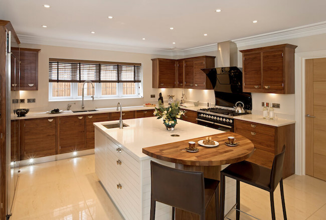 kitchen with warm wood, including faux wooden blinds